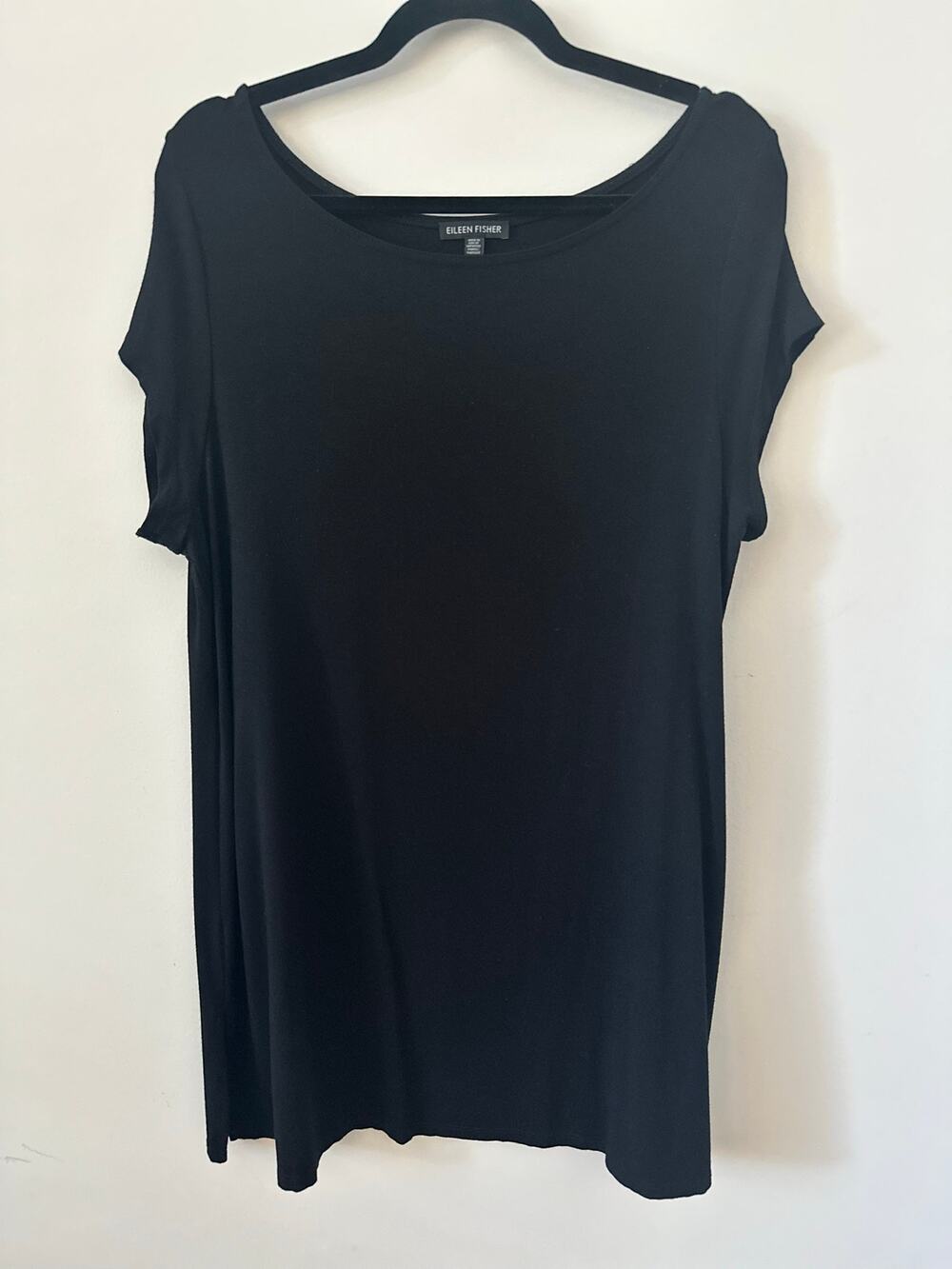 Eileen Fisher Blouse Tunic Top Women's Size Large Black Scoop Neck Short Sleeves